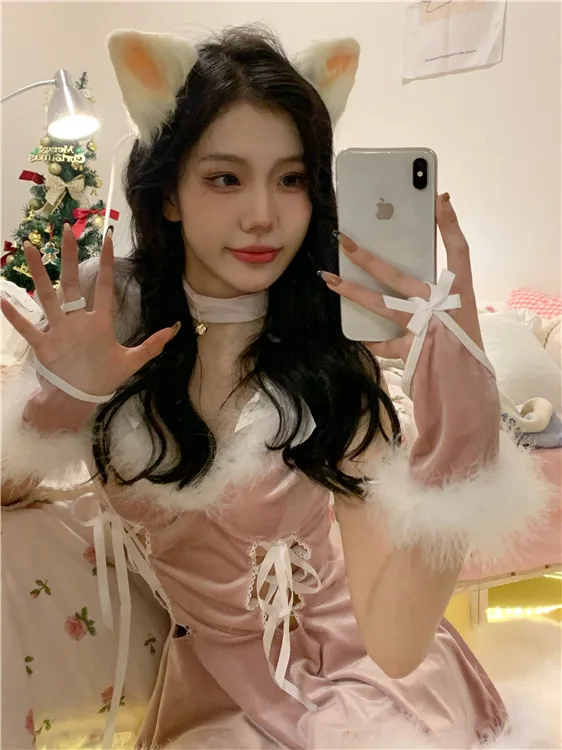 

Mini Ladies Dress Red Pink Lace-Up Hollow Sexy Sling Dress Plush Lace Spring Wild Self-Cultivation Temperament V-Neck Tube Tops