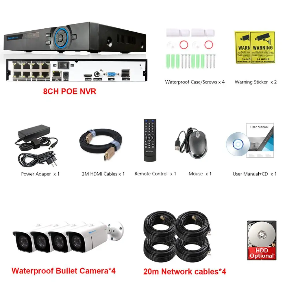 4 Camera with Cables TOPROHOMIE H.265+ 8CH POE NVR комплект 48 В 2MP день ночное аудио запись Водонепроницаемый POE Комплект ip-камеры 8CH 1080P система наблюдения камеры - Цвет: 4 Camera with Cables