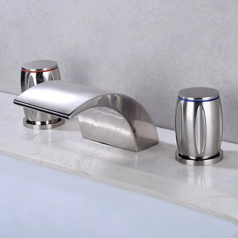 

Bathroom Sink Basin Stainless Steel Water Taps 3 Hole 3 Pcs Sink Faucets Arc-Shaped Widespread Double Handle Basin Mixer Tap