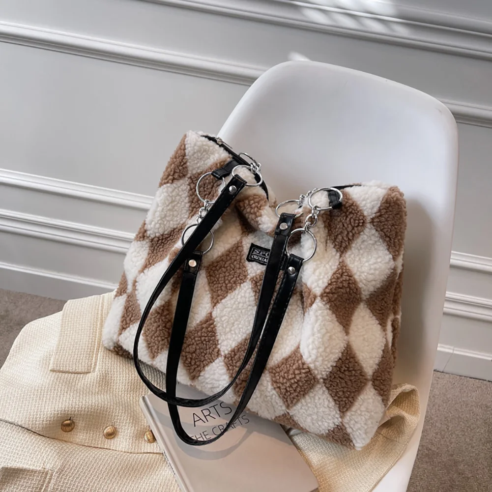 

Women Plush Faux Fur Bag Checkerboard Pattern Top-handle Shoulder Bag Autumn Winter Large Capacity Fluffy All-match Phone Bags