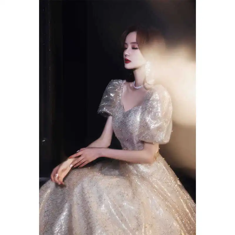 

Banquet Evening Dress for Women 2021 New Champagne Golden Princess Fairy Host Long Pettiskirt Annual Meeting Performance Skirt