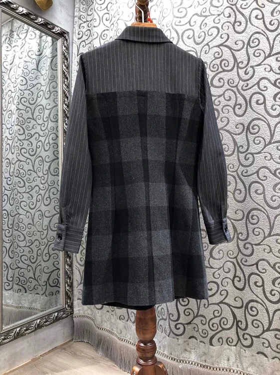 

2021 early spring new fashion women's lapel small bow tie decorative neckline stitching lattice long-sleeved dress 1227