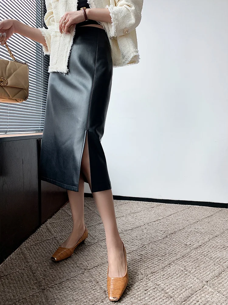 Korea Style Women Fashion PU Leather Skirt Winter High Quality Ladies Urban Office Mid-calf A-line Split Long Skirt Clothes