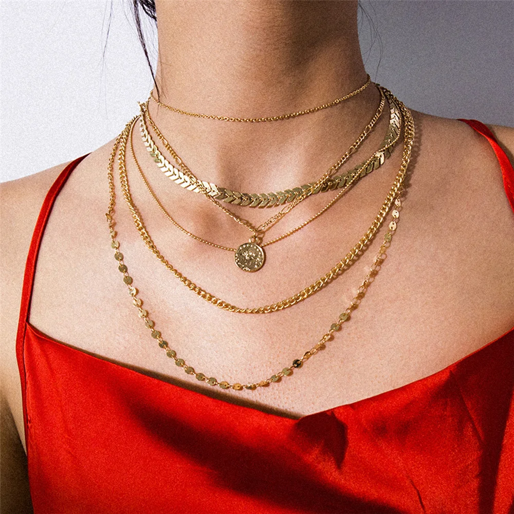 

Exaggeration Multilayer Coin Pendant Necklace for Women Sequin Arrow Clavicle Chain Choker Collar Statement Jewelry Gift