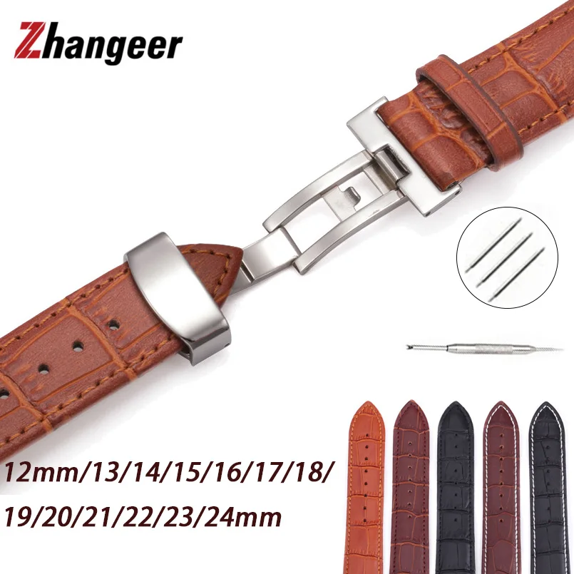 

12mm/13/14/15/16/17/18/19/20/21/22/23/24mm Genuine Leather Calfskin Watchband Universal Band Butterfly Steel Buckle Wrist Belt