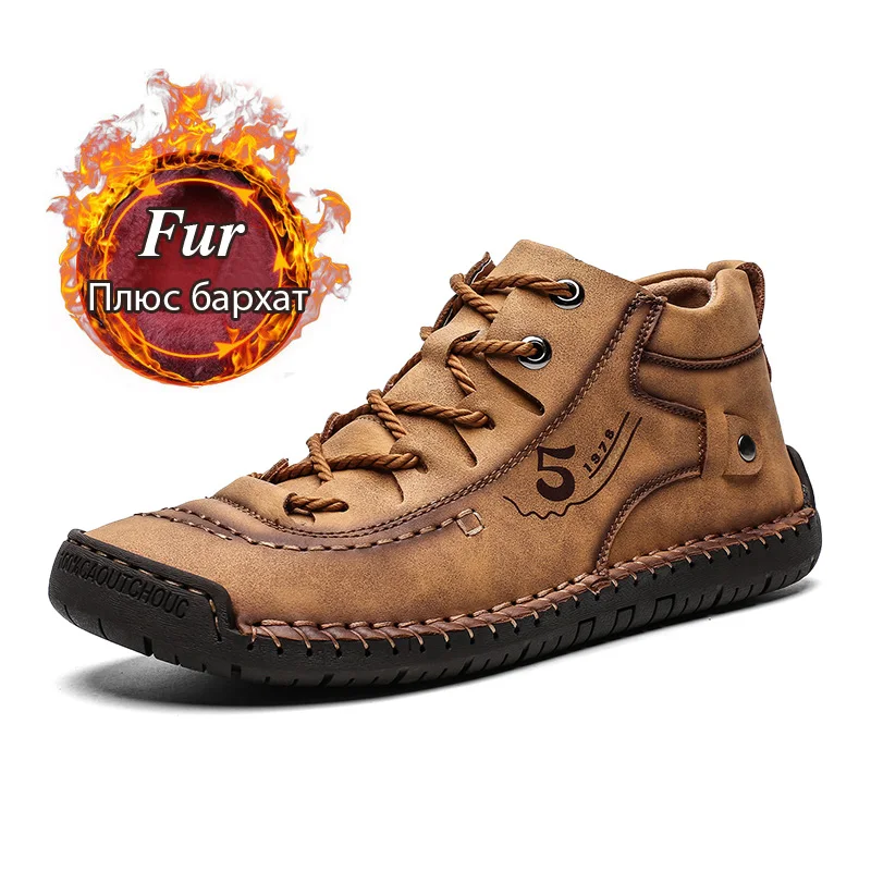 fur brown Модные мужские кожаные ботинки; мужские теплые зимние ботинки на меху; зимняя обувь; удобные мужские теплые ботинки из спилка высокого качества; 48 - Цвет: fur brown