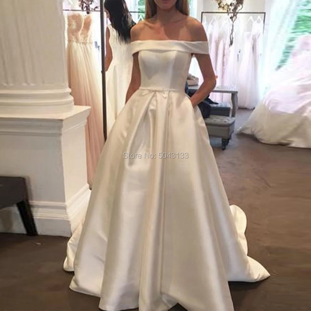 Elegant Satin A Line Wedding Dresses with Pockets Sexy Off the Shoulder Pleated Long Bridal Gowns Sweep Train Bride Dress