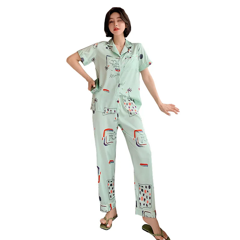 

Young Lady 2PCS Summer Pajamas Set Casual Turn-down Collar Sleepwear Loose Faux Silk Shirt&Pant Nightwear Cute Print Home Wear