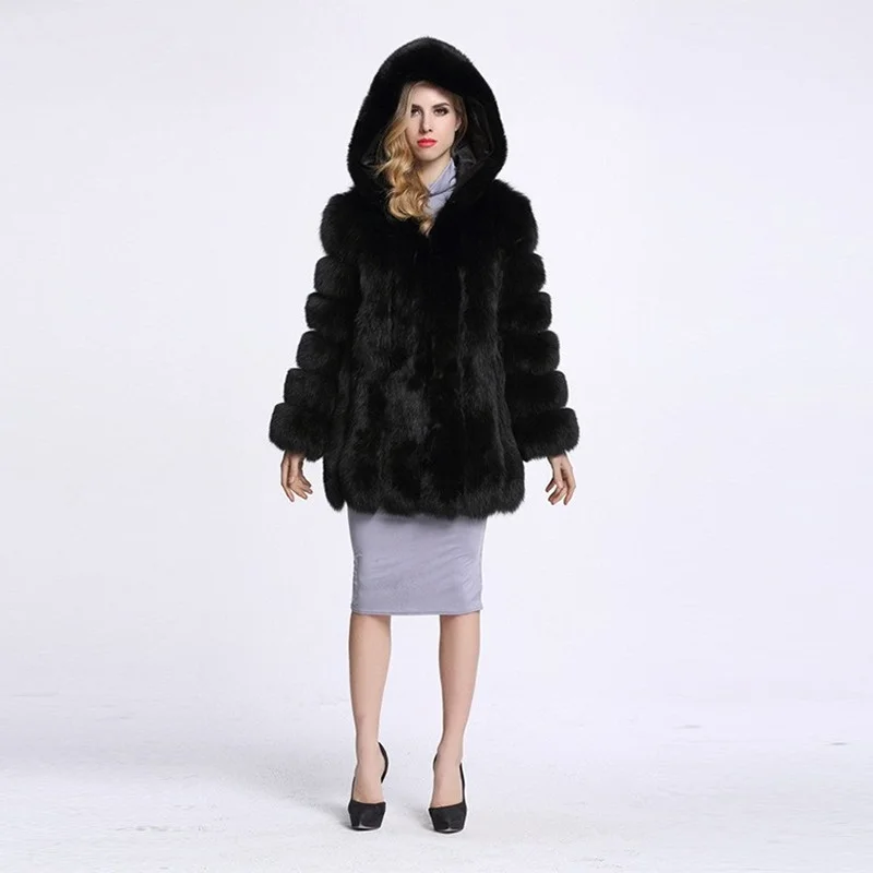 Donsignet Fashion New Solid  Faux Fox Fur Coat Women Mid Length Coat Long Sleeve Hooded Women Jacket