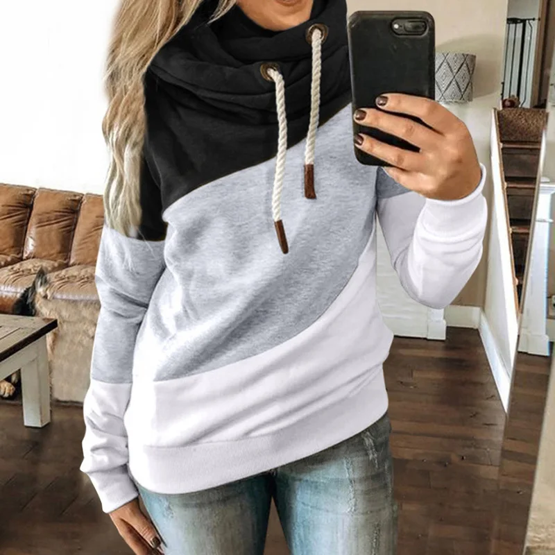 

Autumn Winter Scarf Collar Hoodies Women Long Sleeved Pullovers Hoodies Female Print Casual Gray Hooded Sweatshirt Female Tops