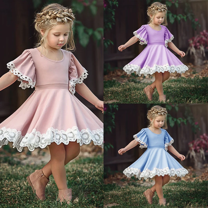 Детское Хлопковое платье с коротким рукавом круглым вырезом и геометрическим