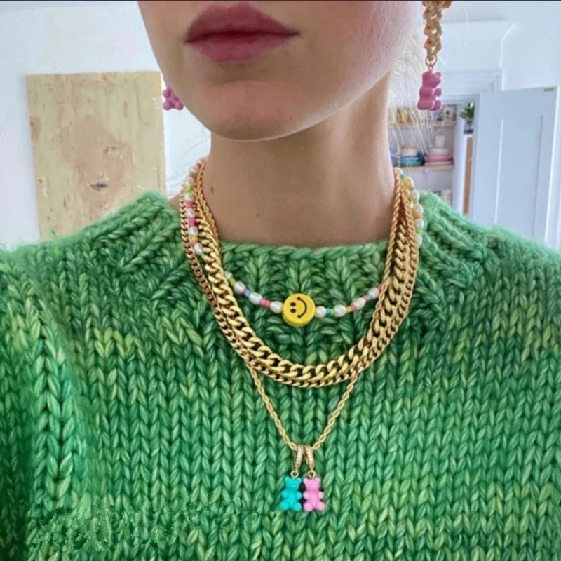 

New Colorful Resin Cute Candy Bear Pearl Beaded Necklace For Women Zircon Pendant Chain Necklace DIY Choker Y2K Party Jewelry
