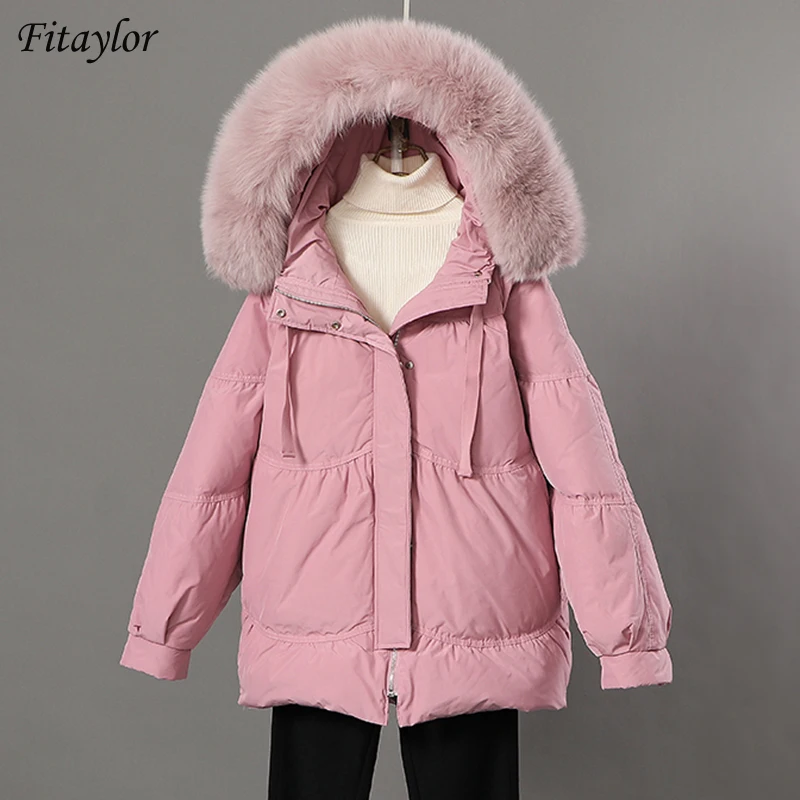 

Fitaylor Winter Women Large Real Fur Collar Hooded Light Feather Jacket Sweet Loose Down Short Coat Warm Fluffy Puffer Outwear
