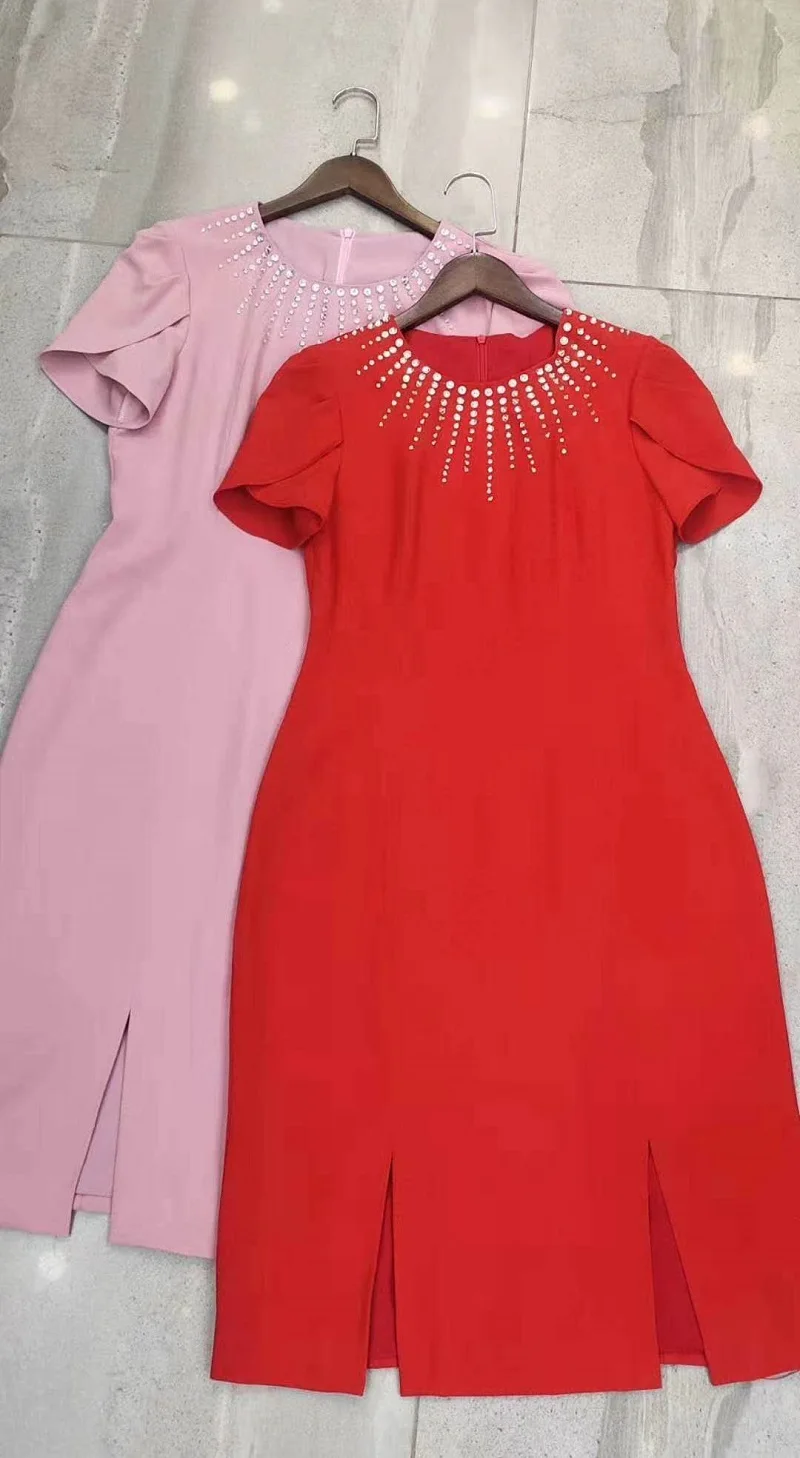 

2020 Summer Fashion Pink Red Dress Women Crystal Beading Deco Short Sleeve Split Sexy Bodycon Sheath Party Elegant Dresses XXL