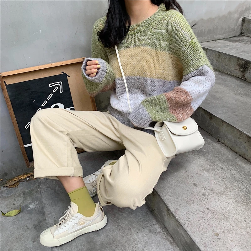 

knitted loose o-neck pullovers Spring autumn Sweaters striped long sleeve Women's Clothing casual vetement femme fashion tops