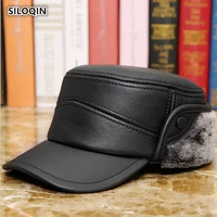 siloqin genuine leather hat middle aged elderly men first layer cowhide military hats winter keep warm earmuffs flat cap dad hat