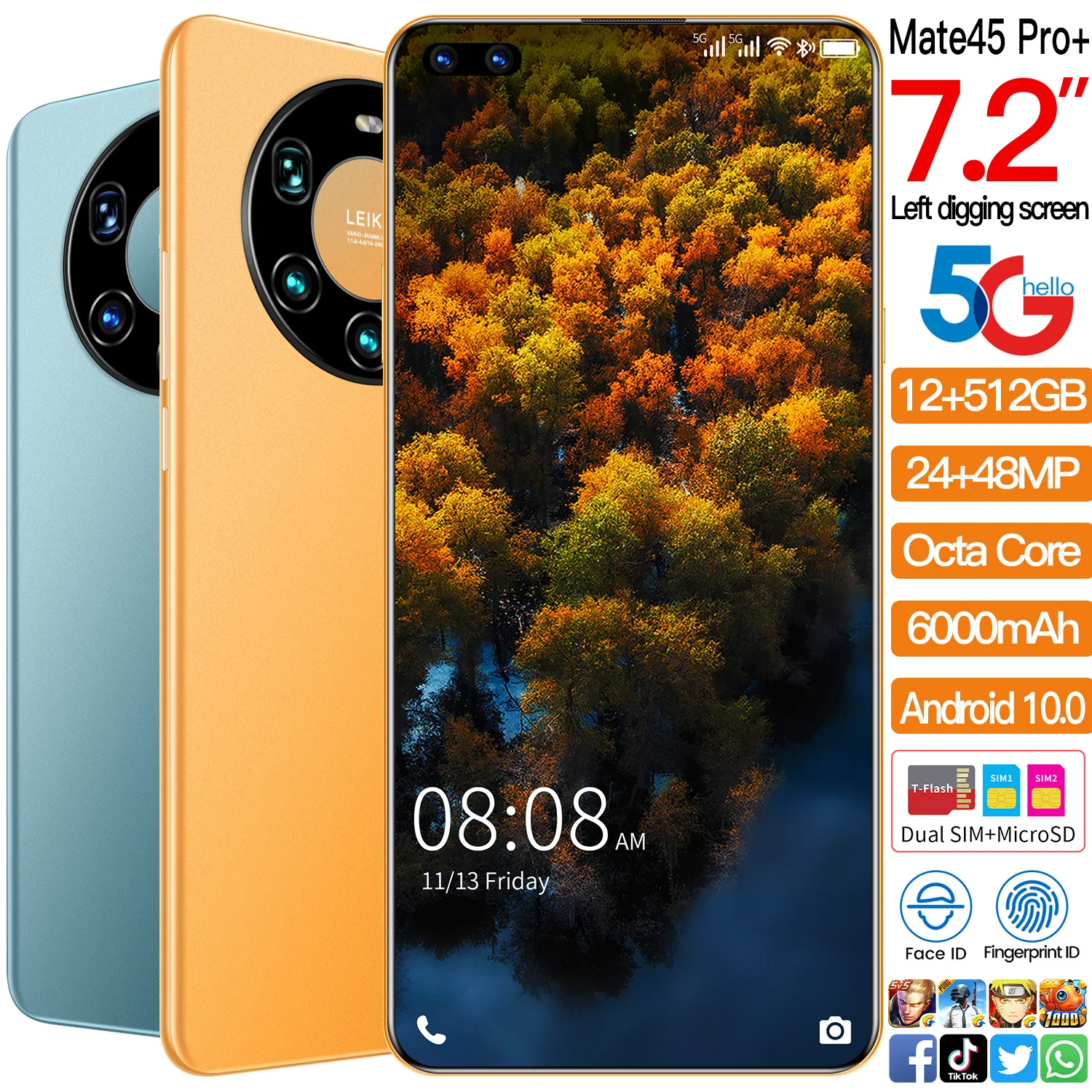 

2021New Global Version 7.2 Inch Mate45 Pro+ Smartphone Full Screen Octa Core 24MP+48MP 12GB 512GB 4G LTE 5G Network Mobile Phone