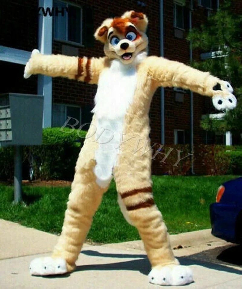 Меховой костюм длинный бежевый мех хаски собака пушистая талисман лиса косплей