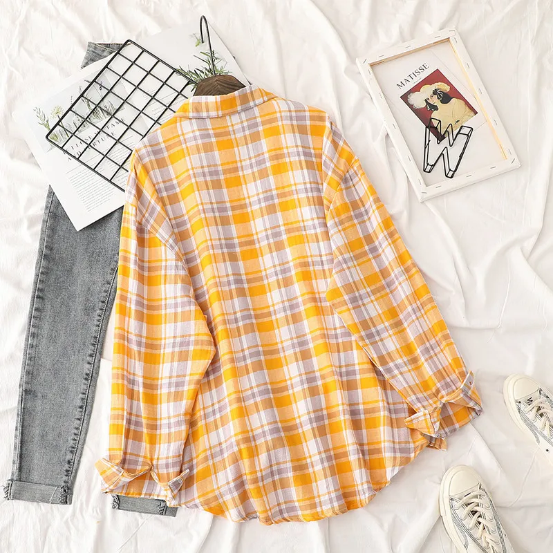 Качественная тонкая хлопковая свободная клетчатая рубашка средней и длинной