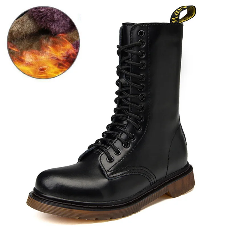 M9868-Black Fur Мужские ботинки из натуральной кожи; Ботинки martin; зимняя обувь; мужские военные ботинки; мотоциклетные ботинки до середины икры; мужские ботинки размера плюс - Цвет: M9868-Black Fur