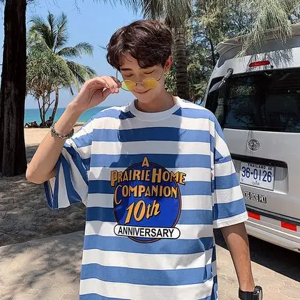 Летняя Гонконгская Мужская футболка с коротким рукавом круглая шея полоса