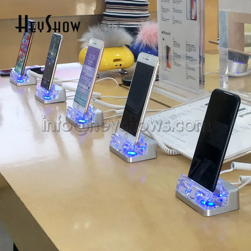 2 Ports Acrylic Mobile Phone Security Stand Cellphone Anti-Theft Holder Blue Smartphone Display Alarm System For Retail Store