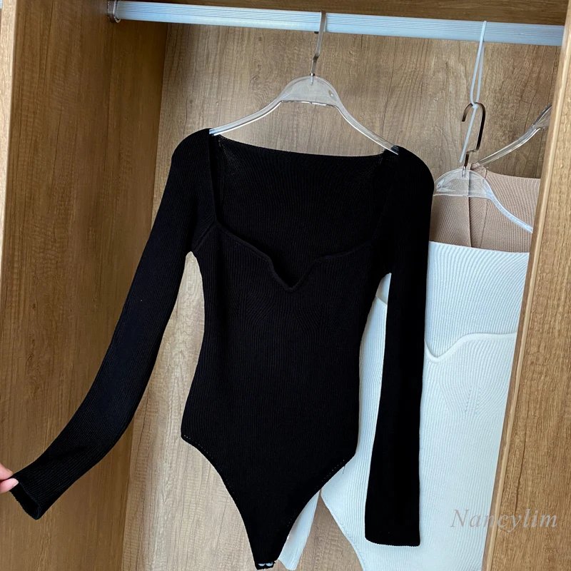 

Sexy Low V Collar Knitted Jumpsuit Women Slim Fit All-Matching Solid Color Long Sleeve Jumper Female Clothes 2021 Nancylim