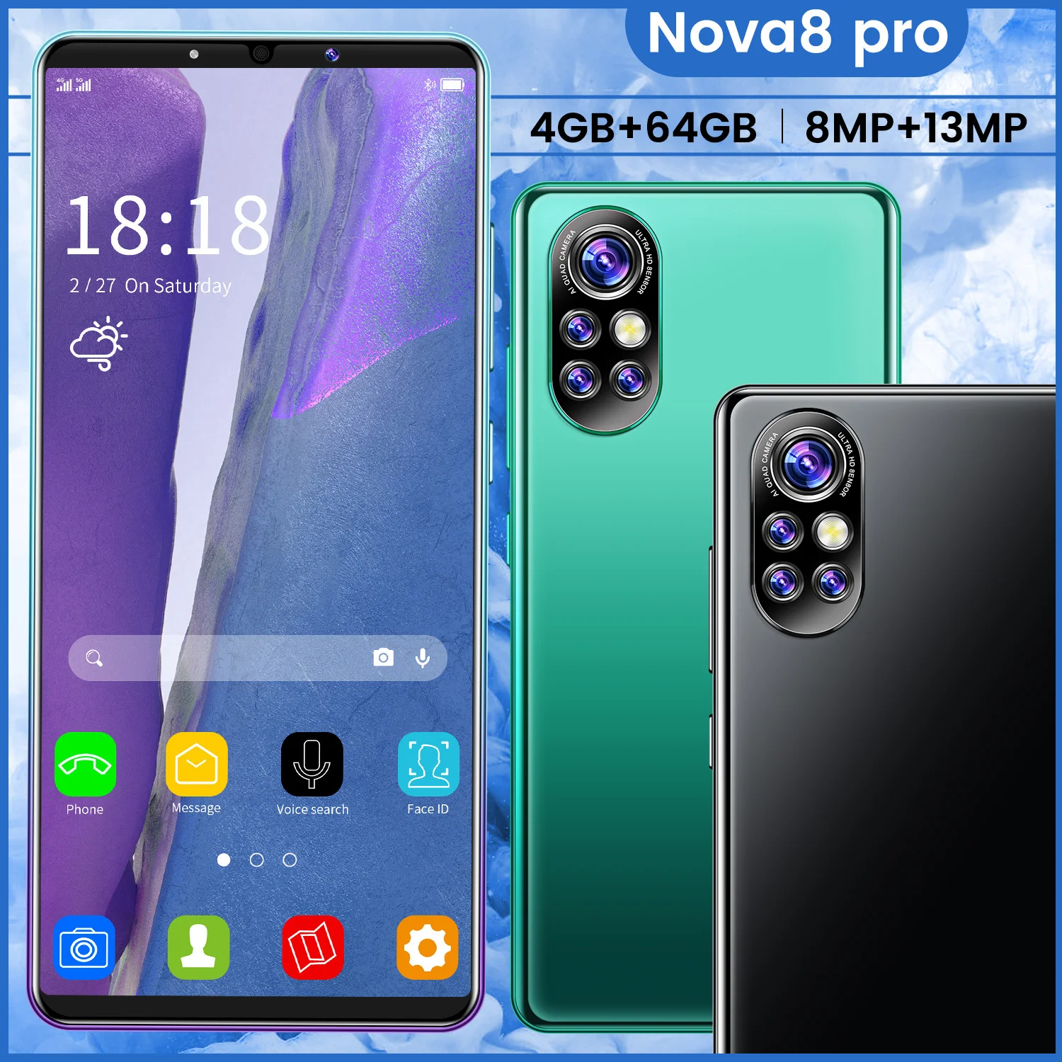 

New Arrival Nova8 Pro 6.1 Inch Full Screen Smartphone 5G 8+128G 8MP+13MP 10 Core Android 10 5200MAH Face Fingerprint ID