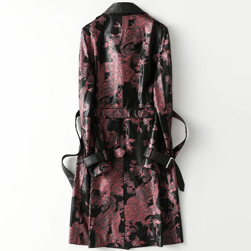 2021 Spring Real Soft Sheepskin Coat Slim Long High Quality Genuine Leather Jacket Print Windbreaker Female High Street Wear