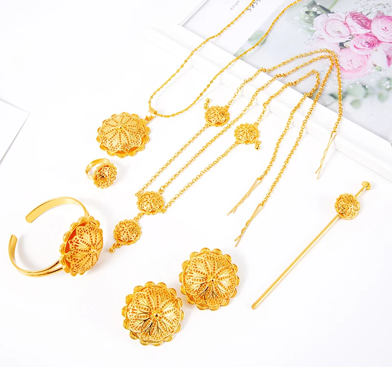 Ethiopian jewelry sets for Women hair chain necklace Clip ring hairpin bracelet Set African wedding gifts | Украшения и