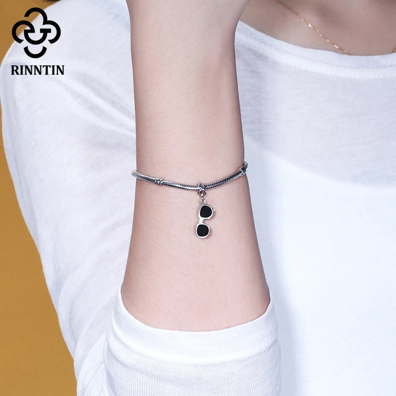 

Rinntin Pure 925 Sterling Silver Bead Sunglasses Shape Black Enamel DIY Trendy Bracelet Accessories For Women TCB46