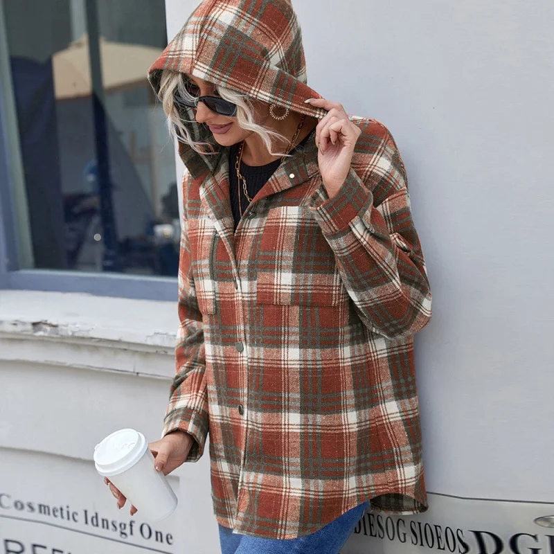 

Loose Casual Long-sleeved Shirt Single-breasted Plaid Hooded Coat Coat Dovetail Plaid Top Women's Wn*