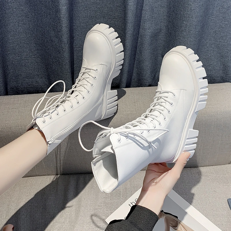 

Thick-soled Mid-calf Boots Women's 2021 New Black White Boots Fashion Increase British Style Spring and Autumn Winter Boots