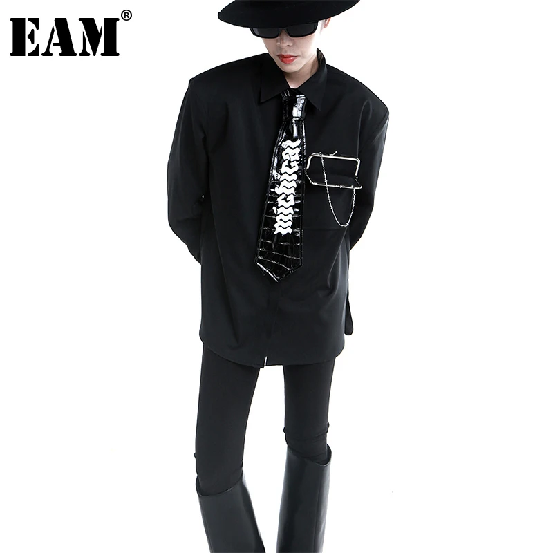 

[EAM] Женская Черная Повседневная блуза большого размера с цепочкой, новая свободная рубашка с отворотом и длинным рукавом, модная весенне-ос...