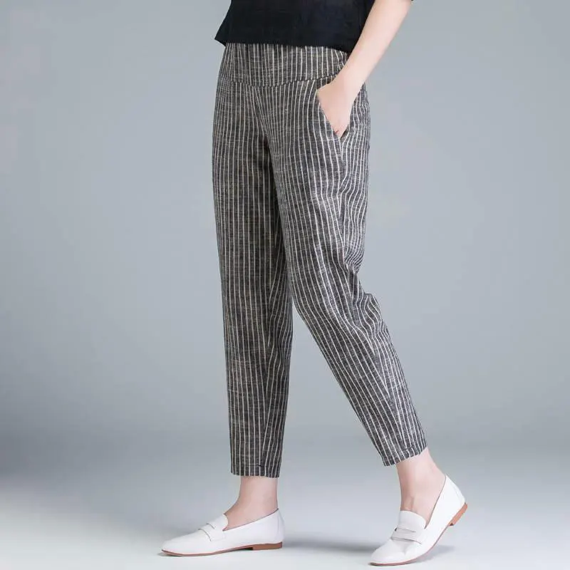 

F&je New Arrival Summer Women Pants Plus Size Korea Fashion High Waist Thin Casual Harem Pants Striped Cotton Linen Trousers D45