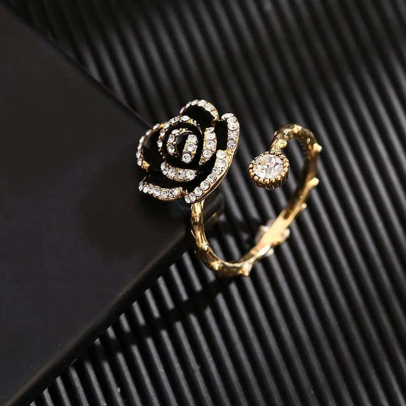 

2021 Romantic Elegant Rose Flower Open Ring For Women Girls Gold Zircon Stone Finger Rings Adjustable Luxury Hand Jewelry Gift