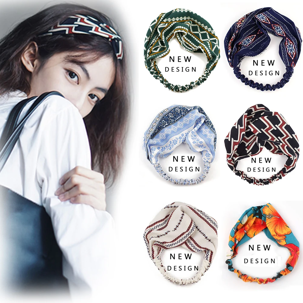 

Bohemian Style Hairbands Print Headbands For Women Retro Cross Knot Turban Bandage Bandanas Elastic Hair Band Hair Accessories