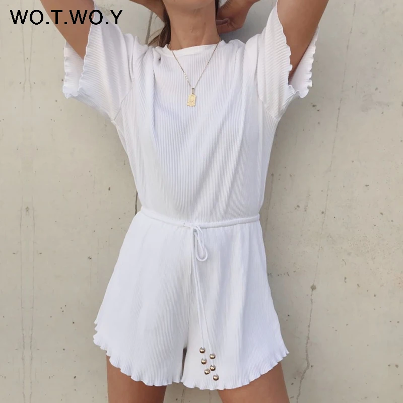 Женский комбинезон с оборками WOTWOY белый Хлопковый мягкий Облегающий для дома 2020|