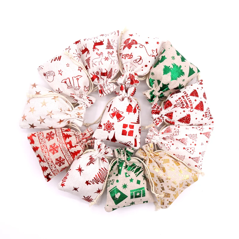 

50PCS New Christmas Faver Cotton Bags gold stamp style pouches 10*14cm 13*18cm New Year Gift Drawstring Candy Bags