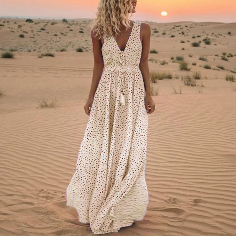 

Spring Summer Elegant beach Women Dress long Print Polka-dot strap Ladies Halter boho Dress Vintage party ladies bodycon dress
