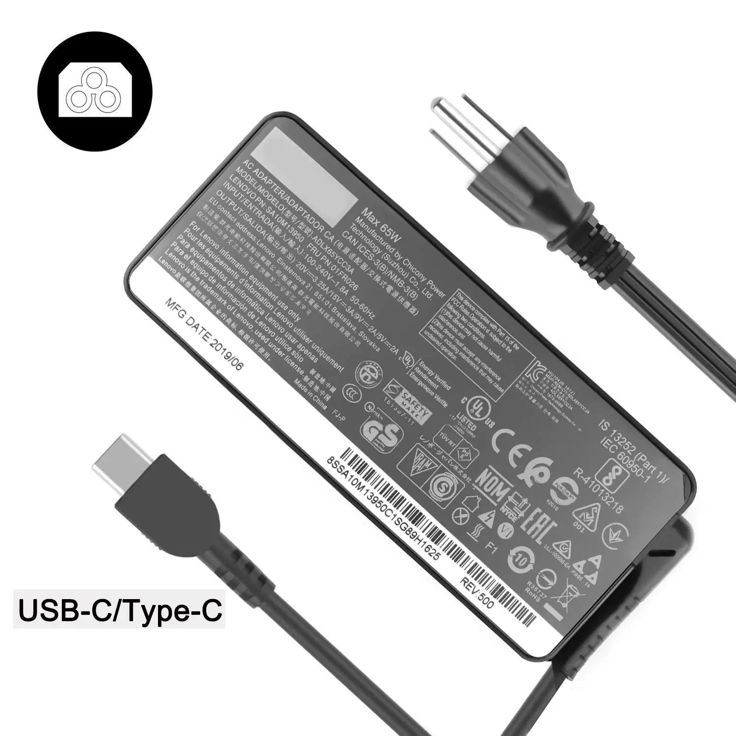 Huiyuan 65 Вт USB C зарядное устройство для ноутбука Питание подходит lenovo thinkpad X1 Carbon Gen 7 6