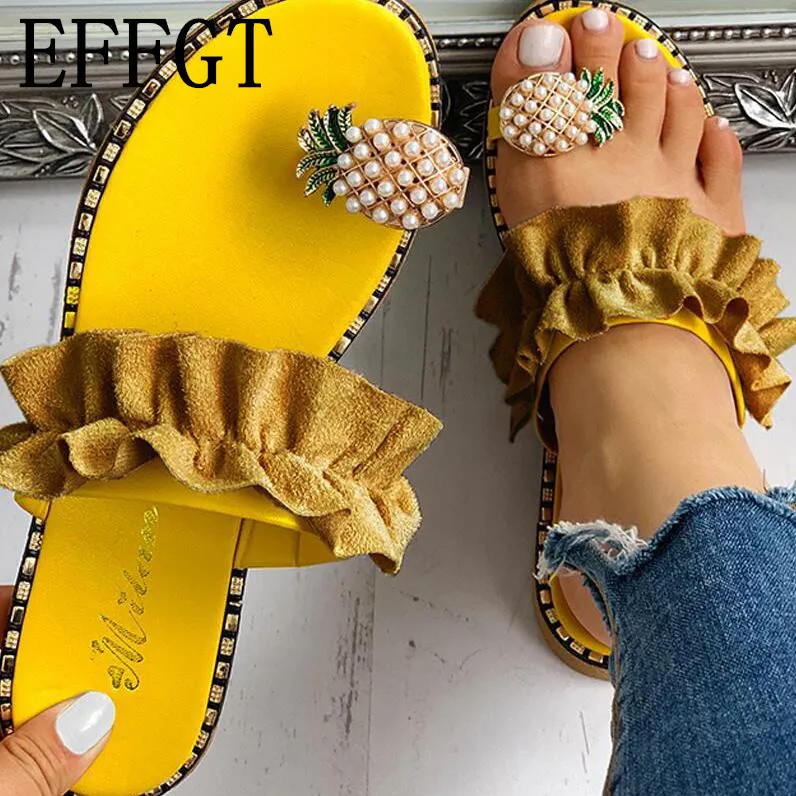 Женские летние шлепанцы EFFGT пляжная обувь с ананасами на плоской подошве сланцы