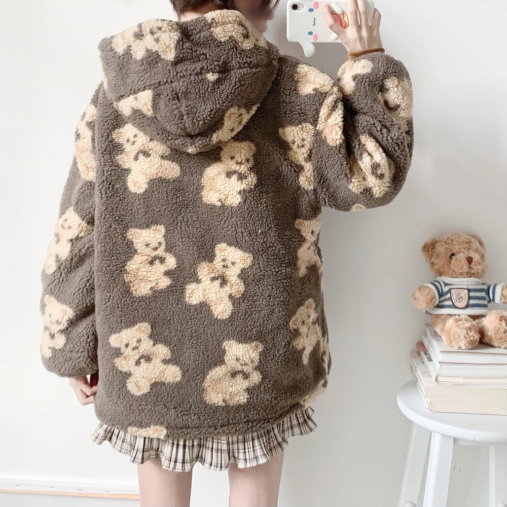 

New Spring Preppy Style Women Jacket Cute Bear Down Jackets Female Japanese Girls Students Loose Thick Fleece Padded Coat Mujer