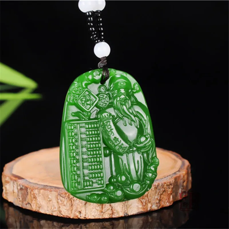 Китайский натуральный зеленый нефрит Бог богатства кулон ожерелье ручной резной