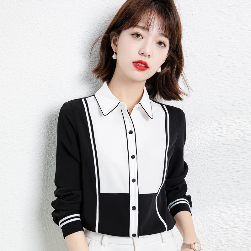 

Black White Shirts Women Office Lady Spring Block Color Shirts women's long sleeve chiffon tops