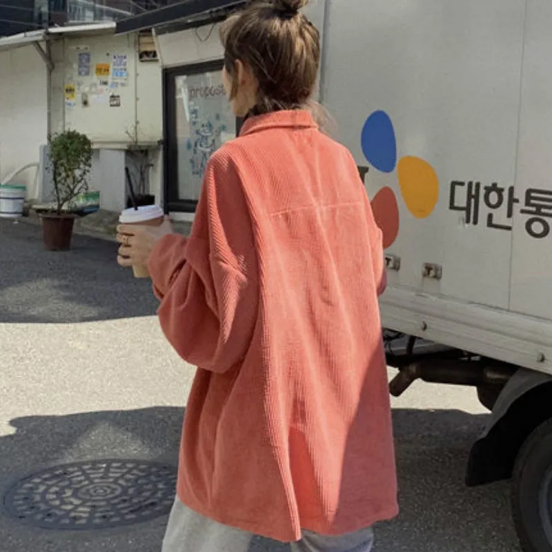 

Shirts Women Solid Blue Corduroy Stylish Elegant Long Lantern Sleeve Shirt Spring Womens Coat BF Harajuku Trendy Daily All-match