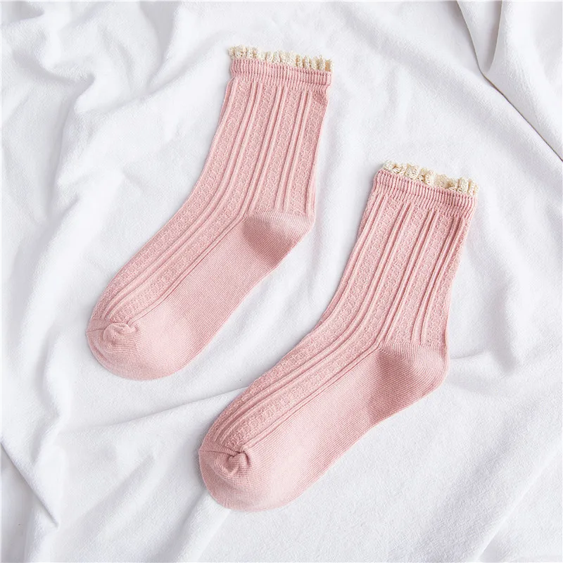 Розовый Jeseca японский Kawaii для девочек милые носки для девочек; хлопковые дышащие одноцветные кружевные носки Для женщин Harajuku Винтаж уличная Лидер продаж - Цвет: Розовый
