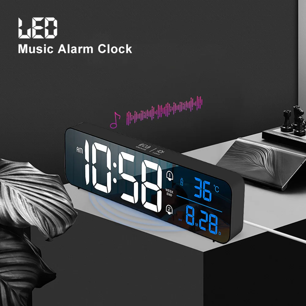 

Музыка светодиодный цифровой будильник Температура отображение даты настольные зеркальные часы украшение домашнего стола электронные ча...