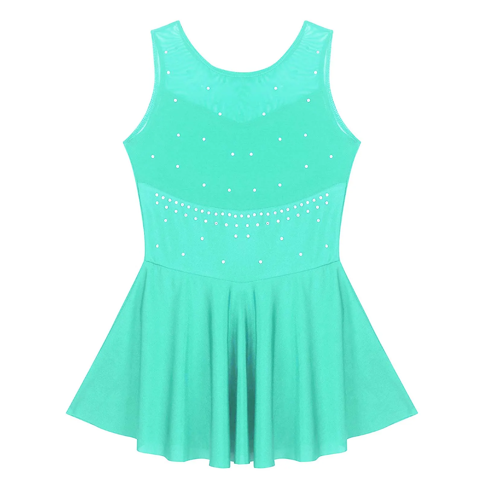 Kids Girls Sparkly Rhinestone Tulle Back Ballet Dance Leotard Dress Sleeveless Figure Ice Skating Roller Skating Dance Costume