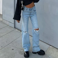 high waist jeans women denim trousers ripped distressed blue wide pants jeans